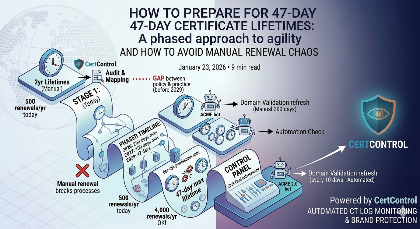How to prepare for 47-day certificate lifetimes — phased approach to automation — CertControl infographic