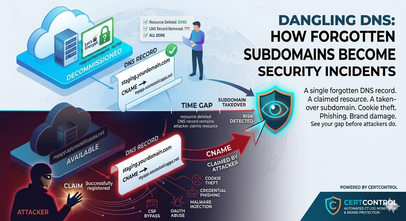 Dangling DNS: how forgotten subdomains become security incidents — CertControl infographic